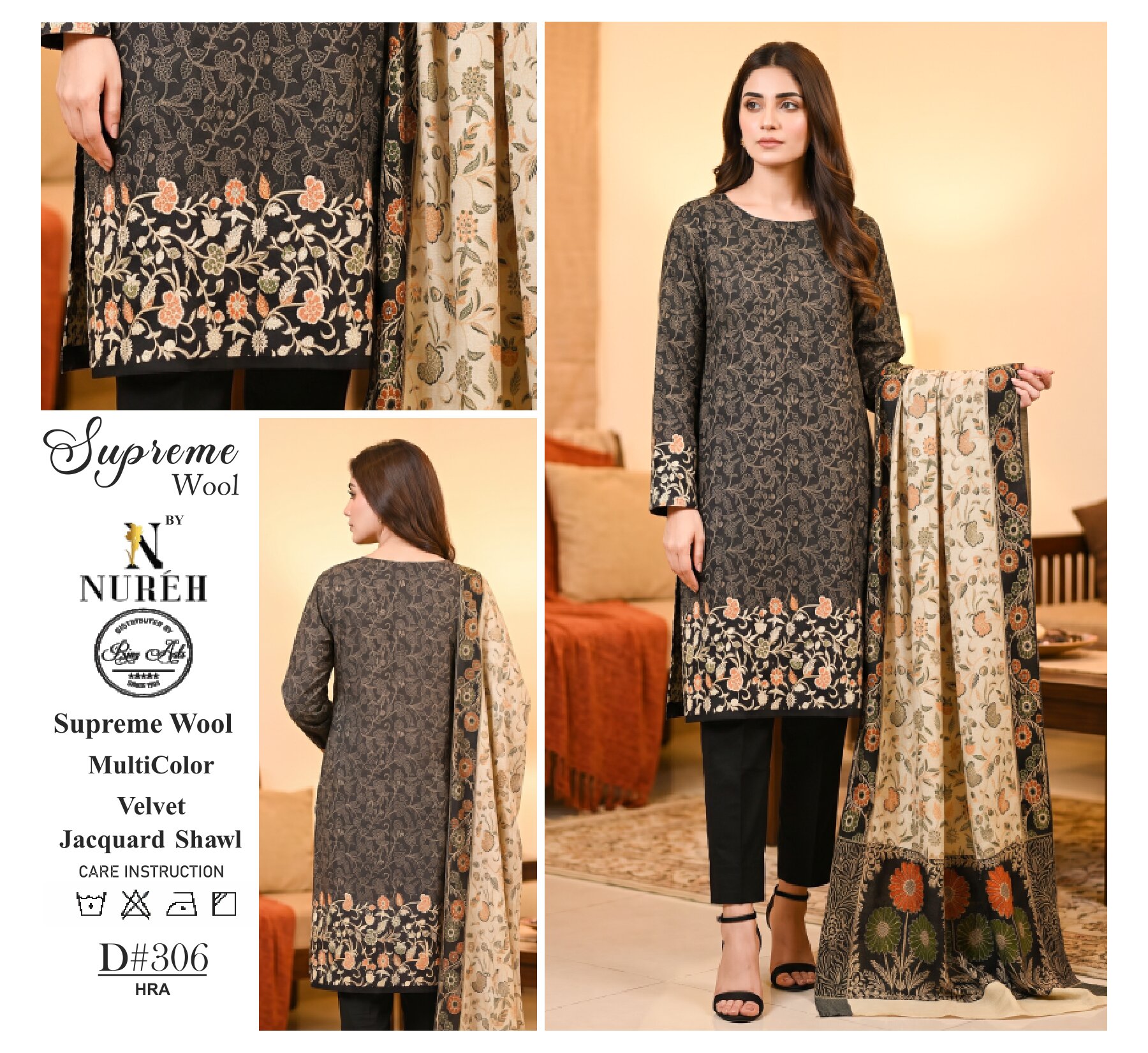 Nureh Classic Wool With Velvet Jacquard Shawl