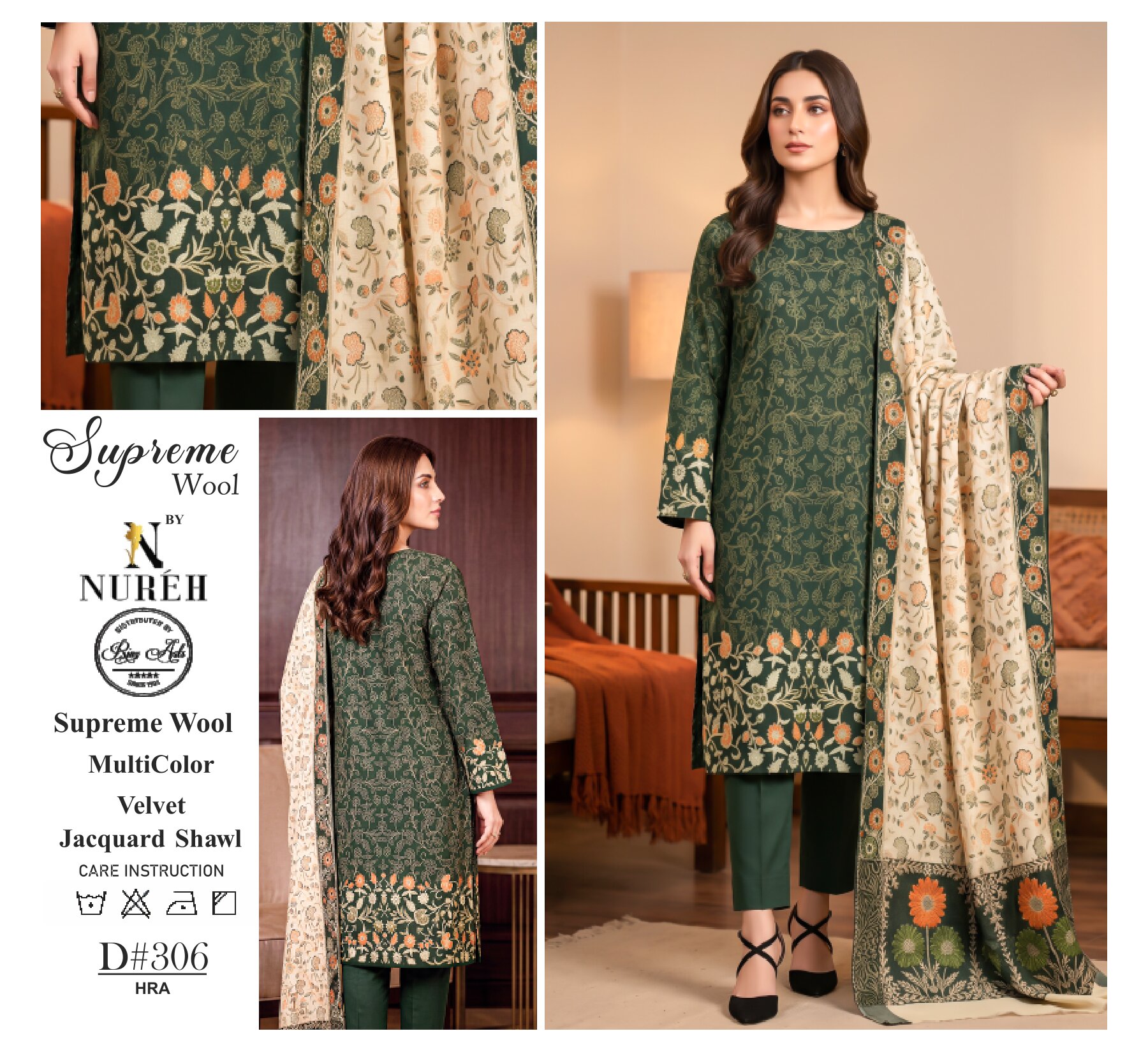 Nureh Classic Wool With Velvet Jacquard Shawl - Image 3