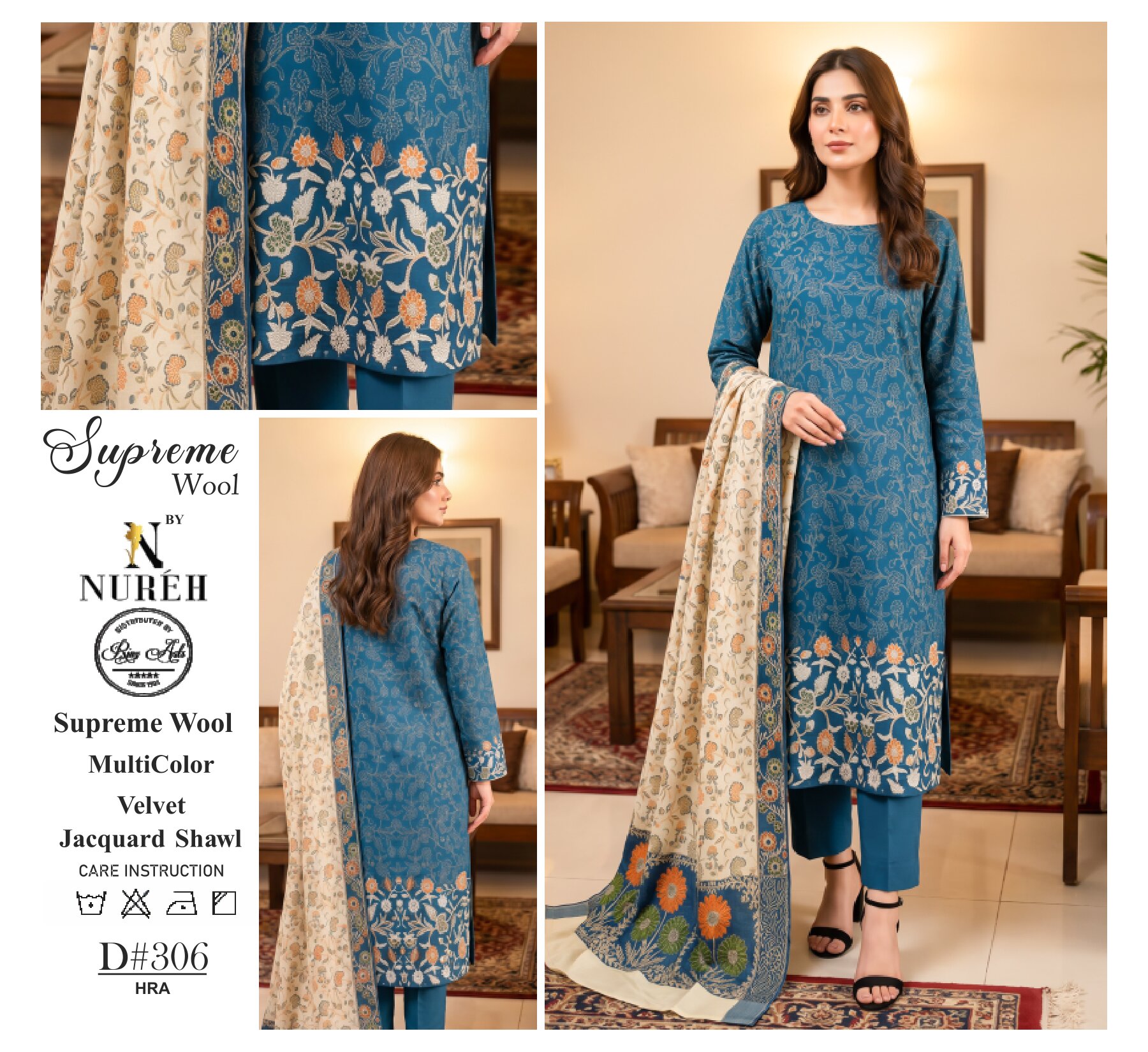 Nureh Classic Wool With Velvet Jacquard Shawl - Image 4