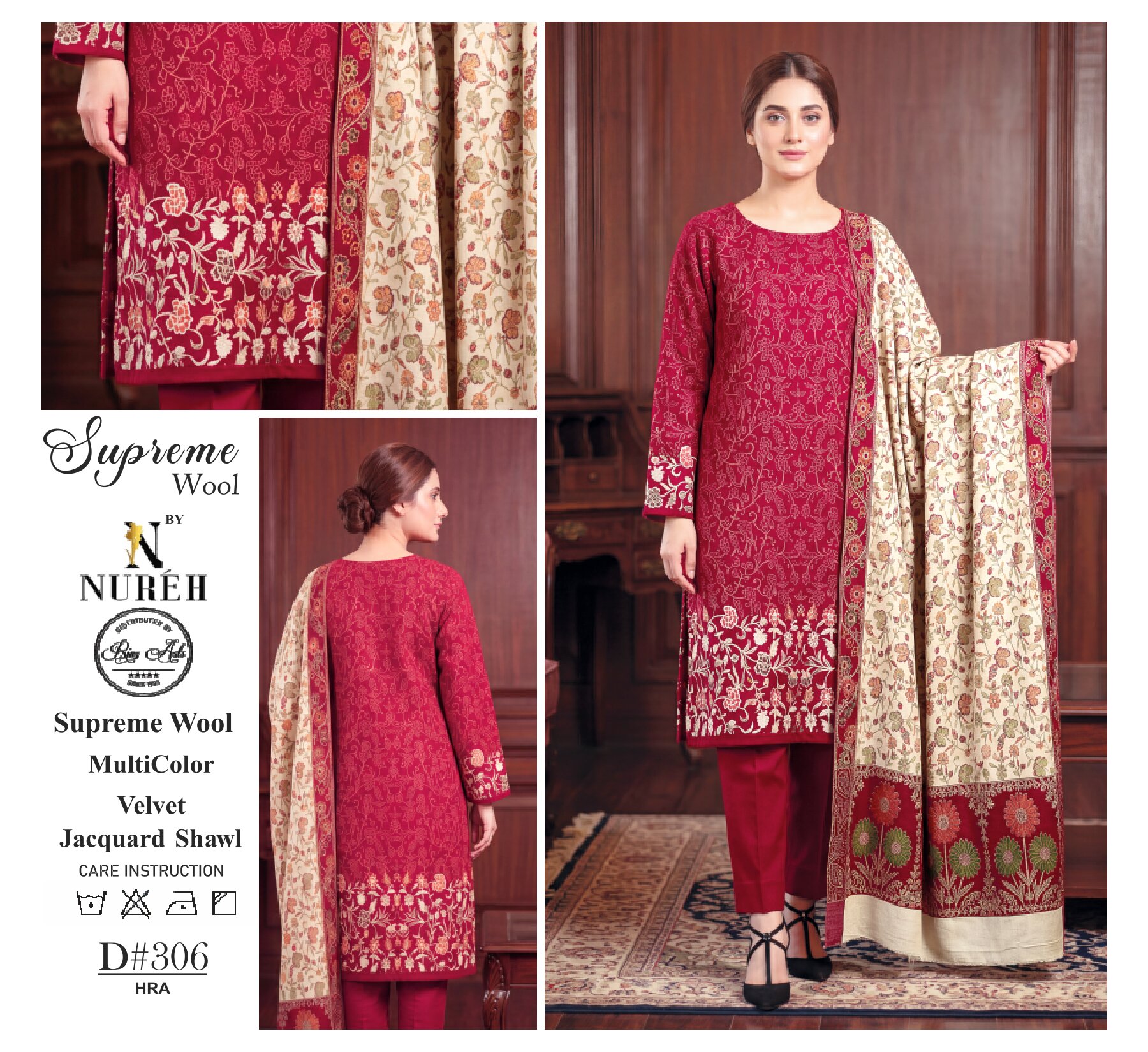 Nureh Classic Wool With Velvet Jacquard Shawl - Image 5