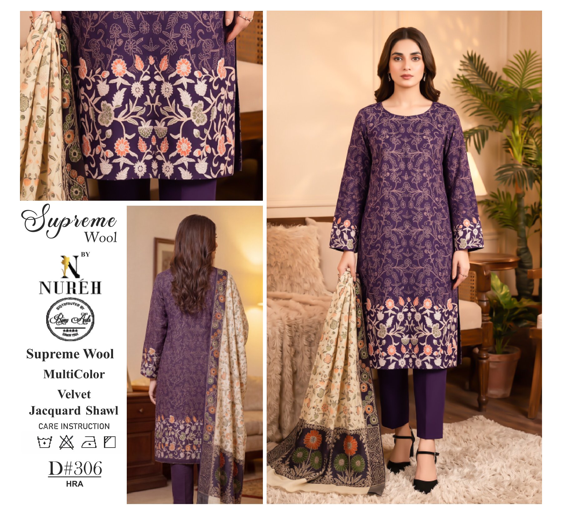 Nureh Classic Wool With Velvet Jacquard Shawl - Image 6
